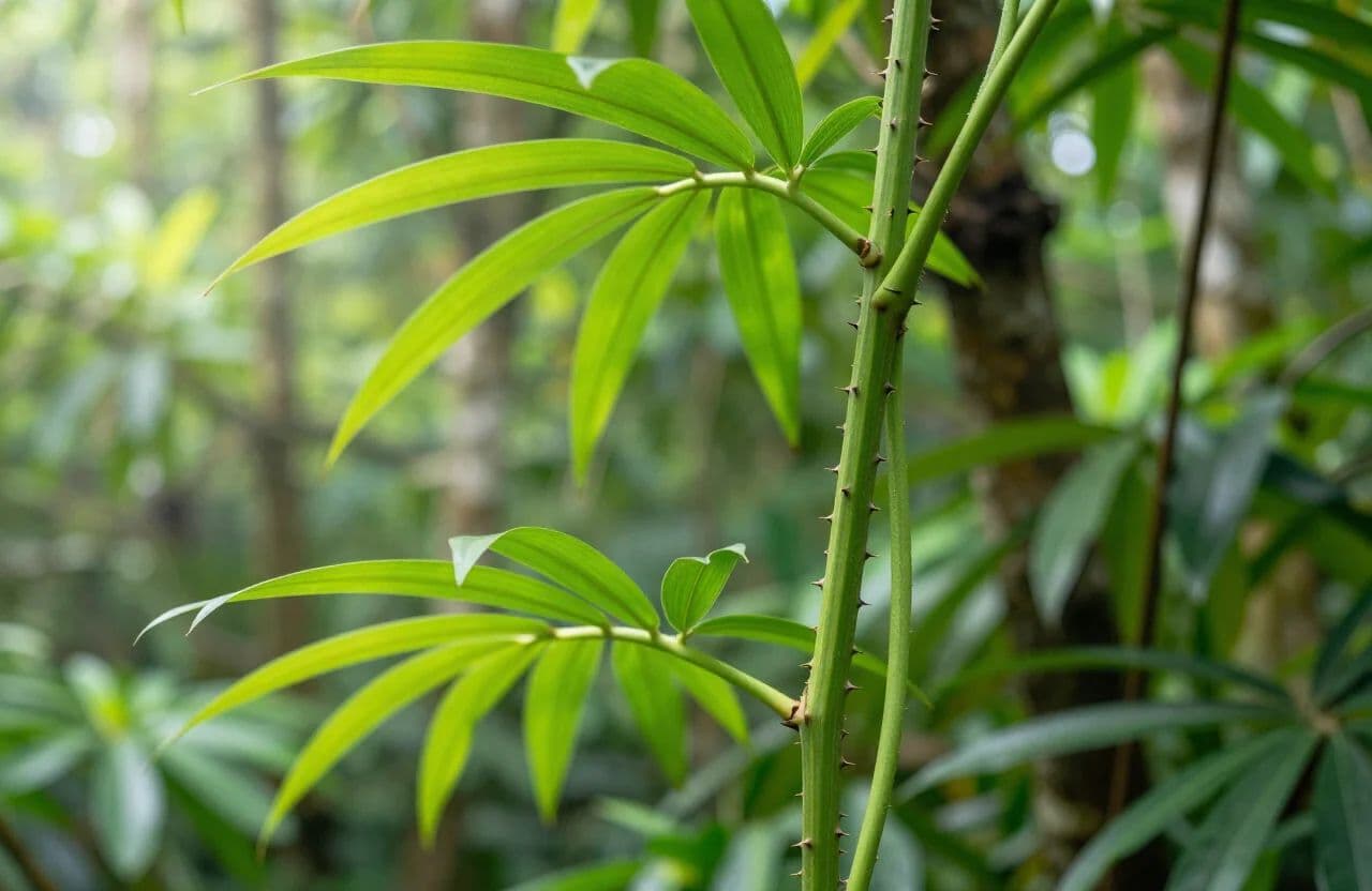 Wild rattan palm vine with sharp thorny spines growing in the rainforest